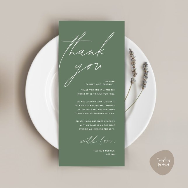 Minimalist Wedding Place Setting Thank You Card (Wedding Place Setting Thank You Card, Modern Minimalist in Forest Sage Green)