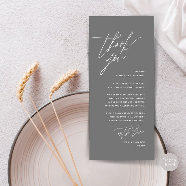 Minimalist Wedding Place Setting Thank You Card (Romantic Minimalist Wedding Dinner Place Setting Thank You Card, in Summer Dark Grey)