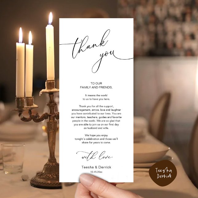 Minimalist Wedding Place Setting Thank You Card (Modern Romantic Wedding Place Setting Thank You Card for Dinner Brunch Lunch Party  in White Black)
