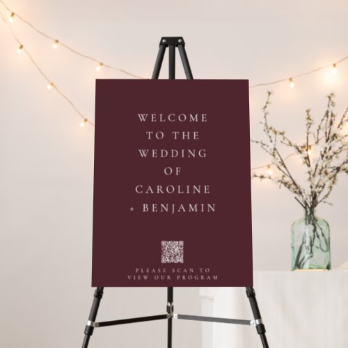 Minimalist Wedding Program Burgundy QR Code Sign