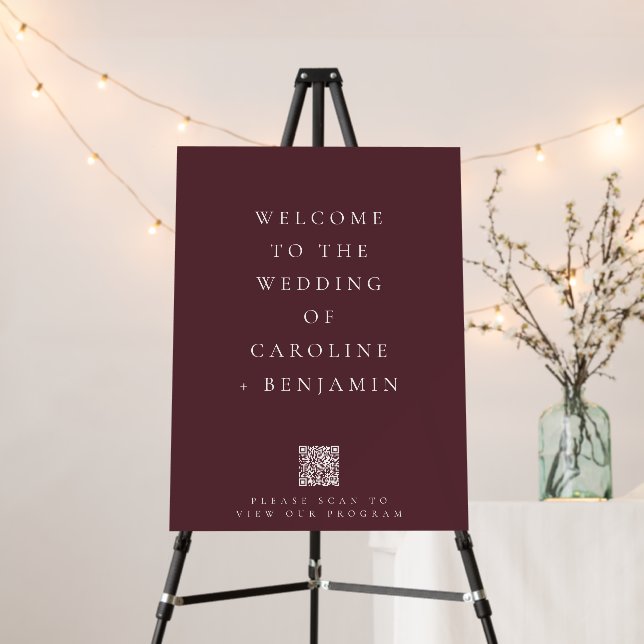 Minimalist Wedding Program Burgundy QR Code Sign (In Situ (Stand))