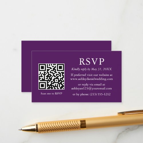 Minimalist Wedding Purple QR RSVP Enclosure Card