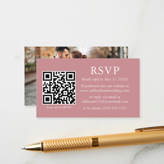 Minimalist Wedding QR Photo Dusty Rose RSVP Enclosure Card (Front/Back In Situ)