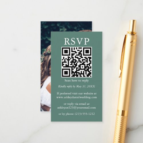 Minimalist Wedding QR Photo Eucalyptus Green RSVP Enclosure Card