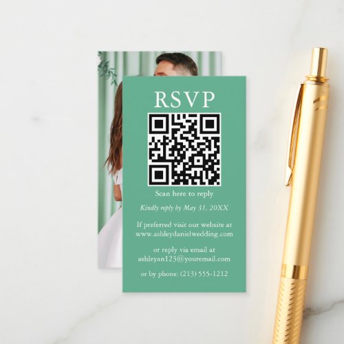 Minimalist Wedding QR Photo Neo Mint Green RSVP Enclosure Card