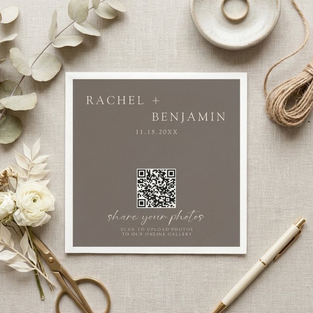 Minimalist Wedding QR Share Photos Taupe Napkins (Creator Uploaded)