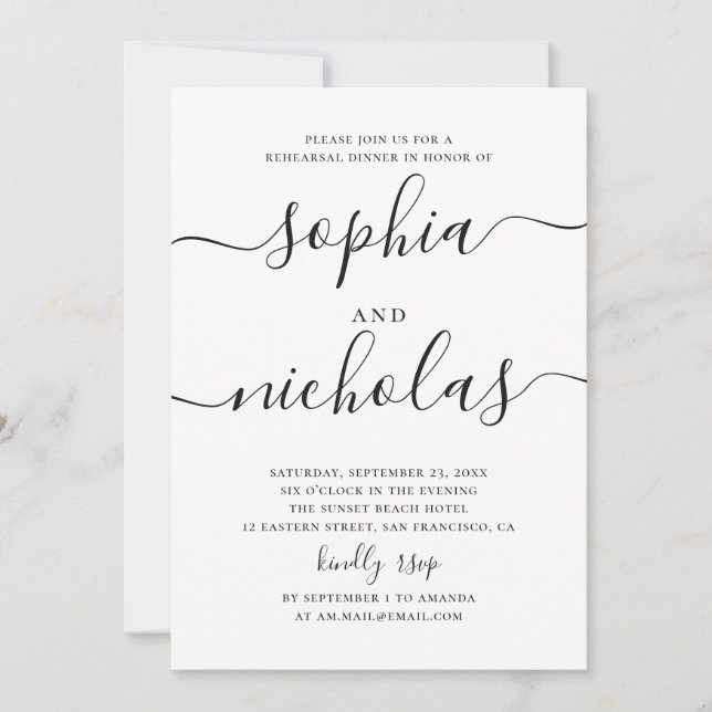 Minimalist Wedding Rehearsal Dinner. Modern Script Invitation (Front)
