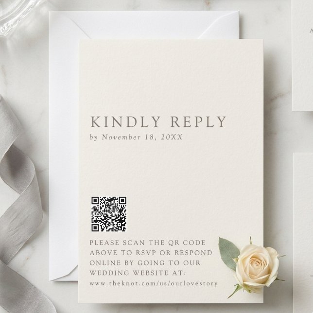Minimalist Wedding Reply Online QR Code Taupe RSVP Card (Creator Uploaded)