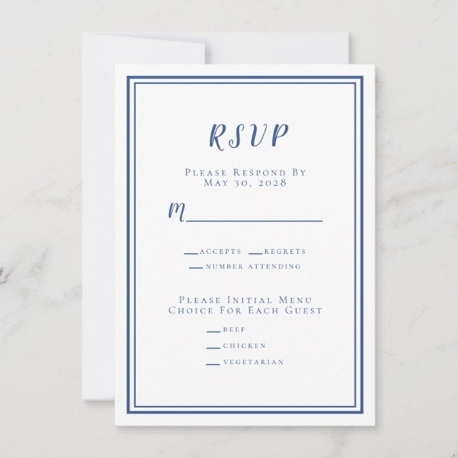 Minimalist Wedding RSVP Menu Blue & White (Front)