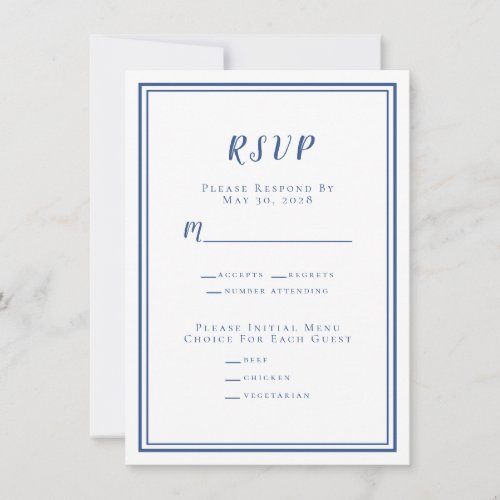 Minimalist Wedding RSVP Menu Blue  White