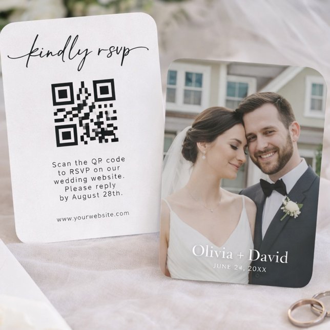 Minimalist Wedding RSVP QR Code Script Design Business Card (Classy wedding website sign with bride and groom photo)