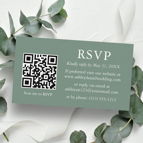 Minimalist Wedding Sage Green QR RSVP Enclosure Card