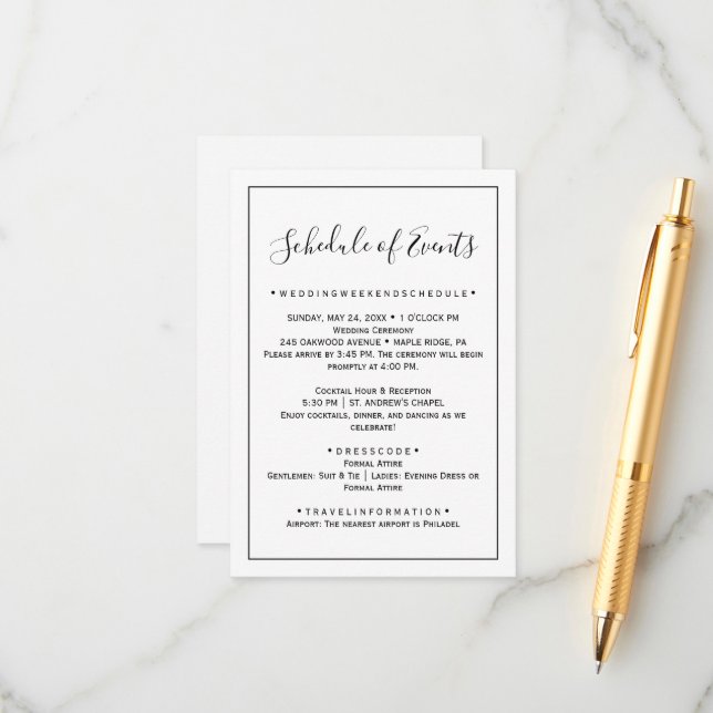 Minimalist Wedding Schedule Card (Front/Back In Situ)