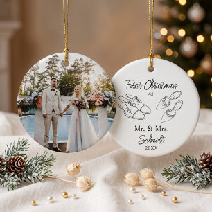 Minimalist Wedding Shoes Illustration Custom Photo Ceramic Ornament