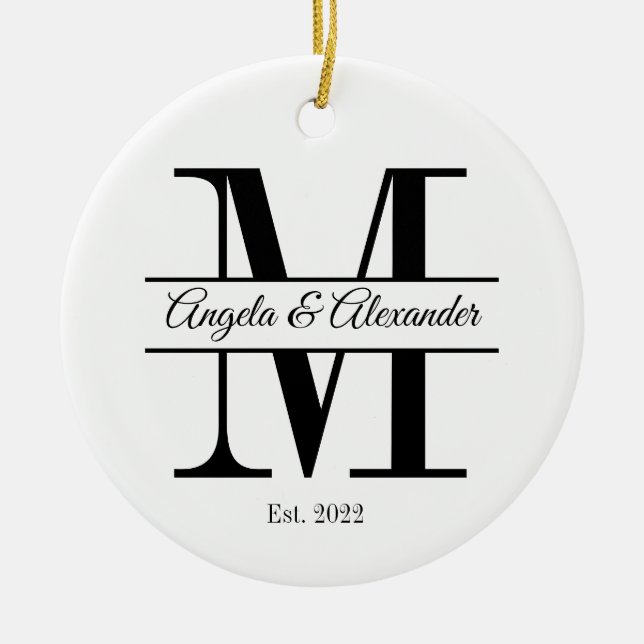 Minimalist Wedding Split Monogram Ceramic Ornament (Front)