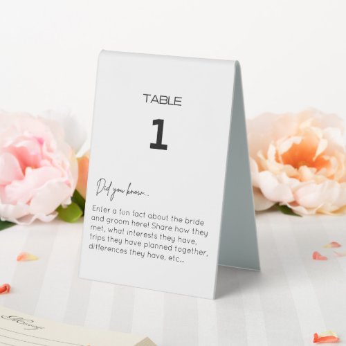 Minimalist Wedding Table No and Couple Fun Fact Table Tent Sign