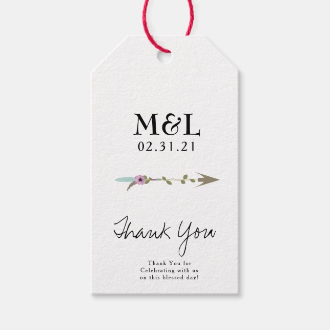Minimalist Wedding Thank You Arrow Script Logo Gift Tags (Front)