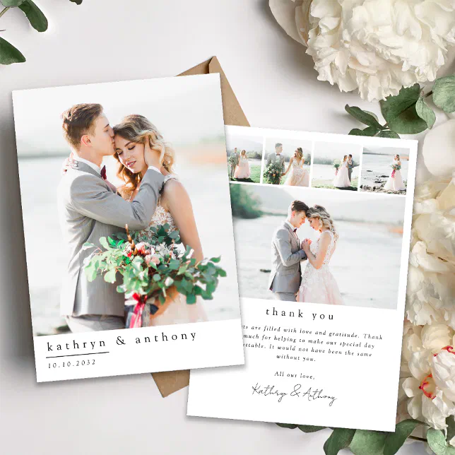 Minimalist Wedding Thank You Card with Photos | Zazzle