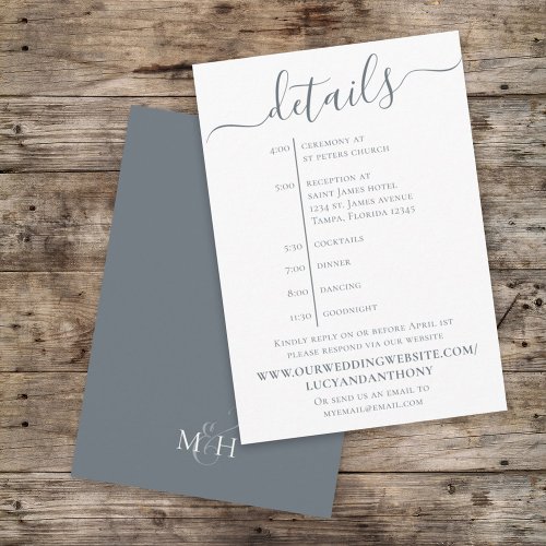 Minimalist Wedding Timeline Blue Details Website Enclosure Card