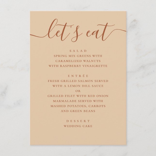 Minimalist Wedding | Warm Peach Sand Modern Dinner Menu (Front)