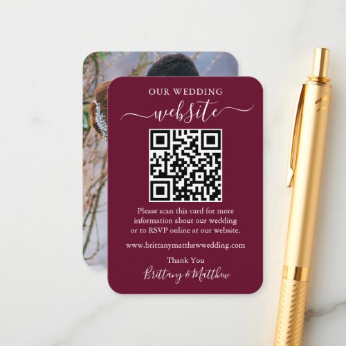 Minimalist Wedding Website Photo QR Burgundy Enclosure Card