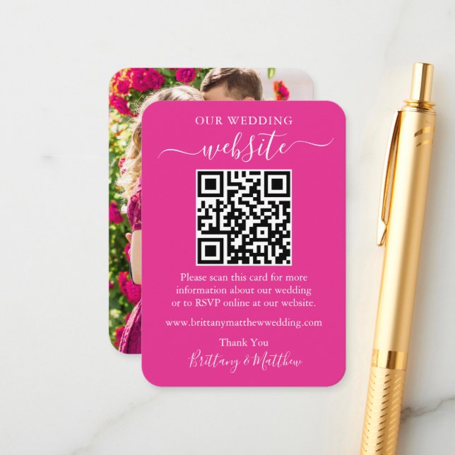 Minimalist Wedding Website Photo QR Hot Pink Enclosure Card (Front/Back In Situ)