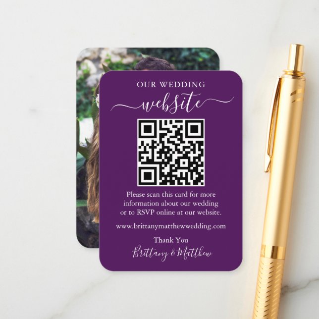 Minimalist Wedding Website Photo QR Purple Enclosure Card (Front/Back In Situ)