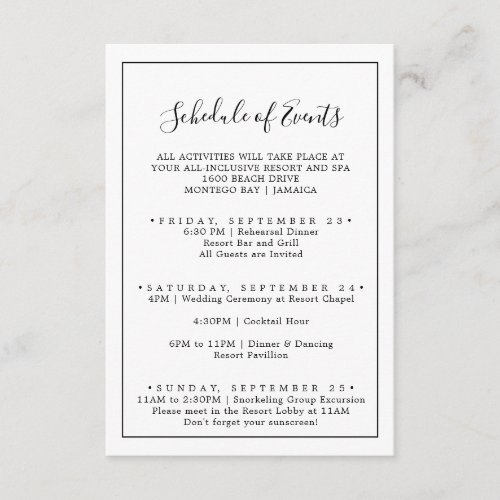 Minimalist Wedding Weekend Schedule of Events Enclosure Card