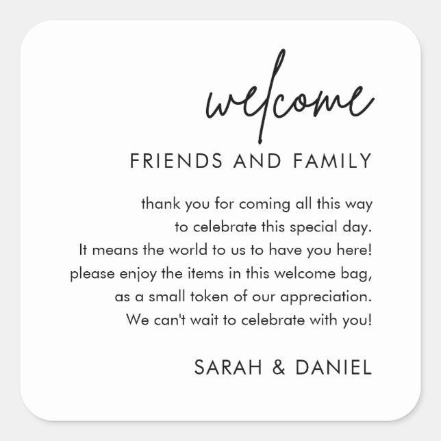 Minimalist Wedding Welcome Gift Bag Basket Square Sticker (Front)