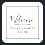 Minimalist Wedding Welcome Square Sticker<br><div class="desc">These minimalist wedding welcome stickers are perfect for a simple wedding. The modern romantic design features classic black and white typography paired with a rustic yet elegant calligraphy with vintage hand lettered style. Customizable in any color. Keep the design simple and elegant, as is, or personalize it by adding your...</div>