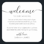 Minimalist Welcome To Our Wedding Welcome Bag Square Sticker<br><div class="desc">Welcome to our Wedding Label for Wedding Welcome Bag. Design features a minimalist style text layout. To make advanced changes,  please select "Click to customize further" option under Personalize this template.</div>