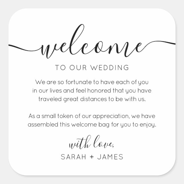 Minimalist Welcome To Our Wedding Welcome Bag Square Sticker (Front)