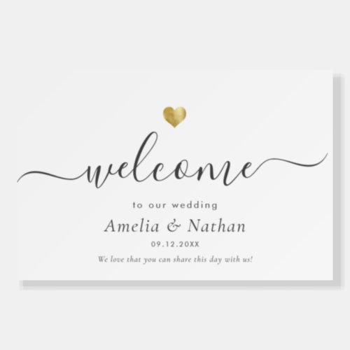 Minimalist Welcome Wedding Gold Heart Sign