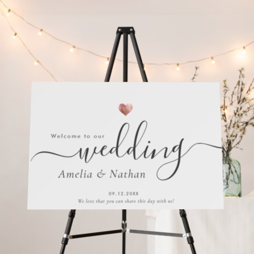 Minimalist Welcome Wedding Rose Gold Heart Sign