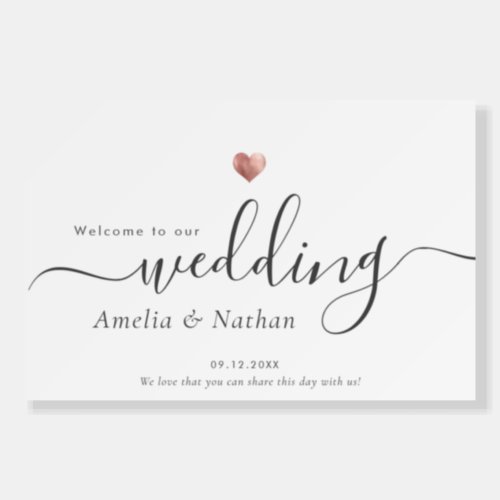 Minimalist Welcome Wedding Rose Gold Heart Sign