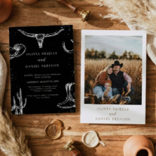 Minimalist Western Rustic Photo Black Wedding Invitation