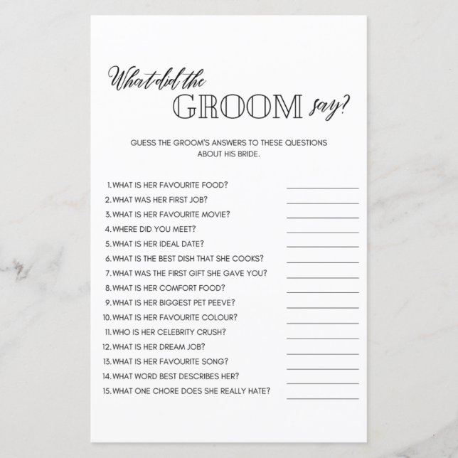 Minimalist what did groom say bridal shower game (Front)