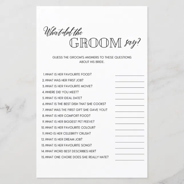 Minimalist What Did Groom Say Bridal Shower Game Zazzle 