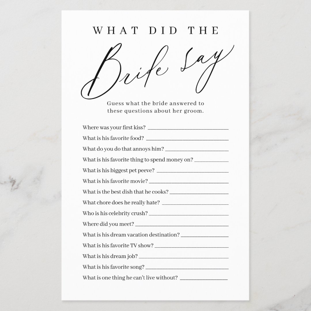 Minimalist what did the bride say game | Zazzle