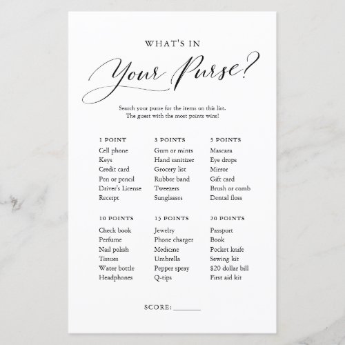 Minimalist Whats in Your Purse Baby Shower Game