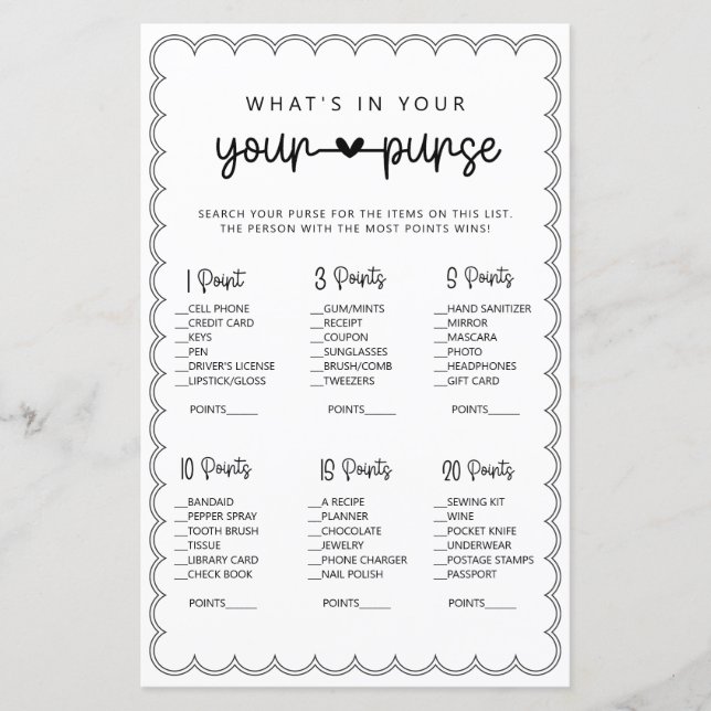 Minimalist what's in your purse bridal shower gam (Front)