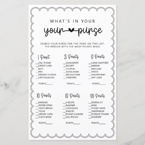 Minimalist whats in your purse bridal shower gam