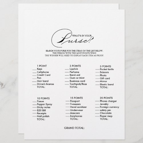 Minimalist Whats in your Purse Bridal Shower Game