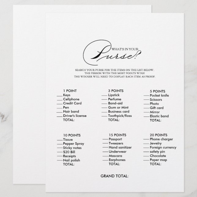 Minimalist What's in your Purse Bridal Shower Game (Front/Back)