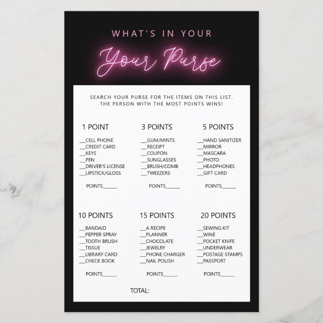 Minimalist what's in your purse bridal shower game (Front)