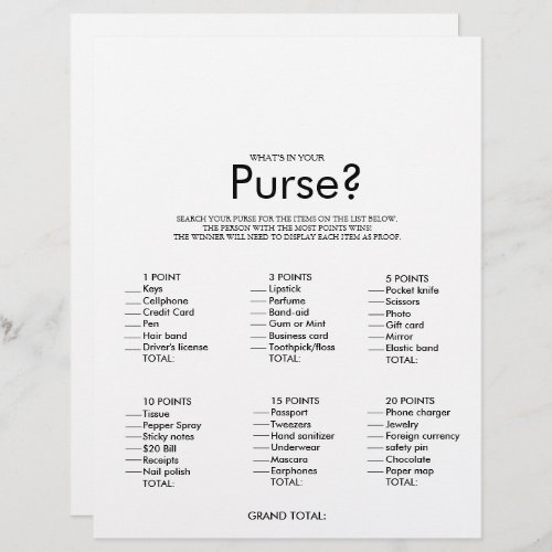 Minimalist Whats in your Purse Bridal Shower Game