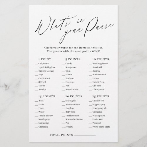 Minimalist whats in your purse bridal shower game