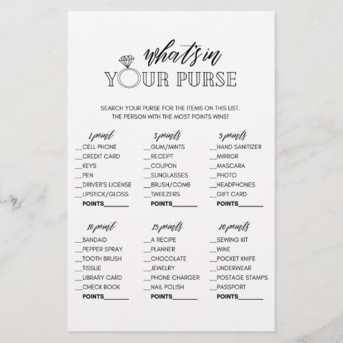 Minimalist whats in your purse bridal shower game flyer