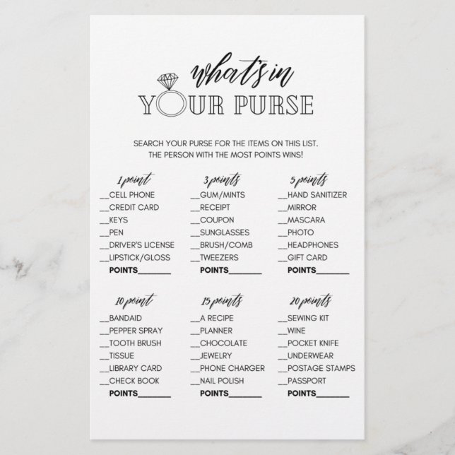 Minimalist what's in your purse bridal shower game flyer (Front)