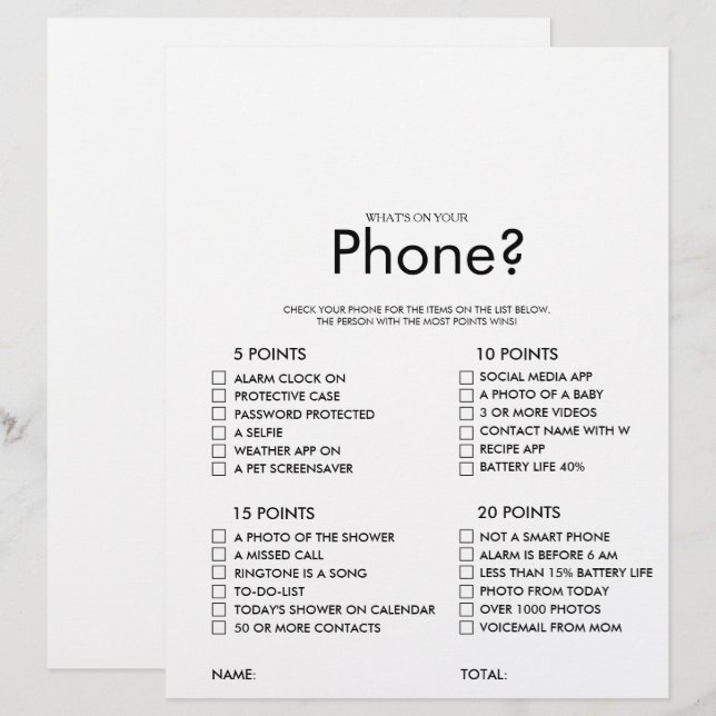 Minimalist What's on your Phone Bridal Shower Game (Front/Back)